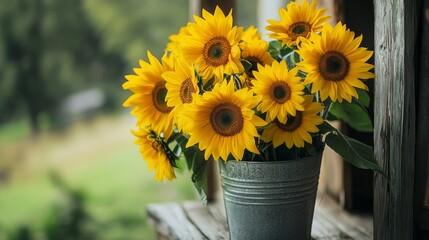 A cluster of vibrant yellow sunflowers in a rustic tin bucket on a sunlit farmhouse porch, close-up shot, Rural charm style