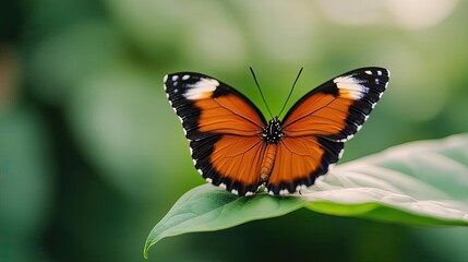 Fototapeta premium Macro natural idea. A vibrant orange butterfly resting on a green leaf, showcasing nature's beauty.