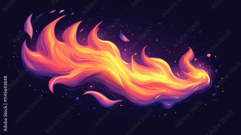 Poster vibrant abstract flame illustration with dynamic curves and colors set against a dark background for