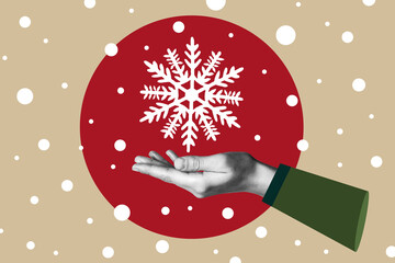 Concept, winter time. A snowflake falls into a human hand. Collage. Winter concept.