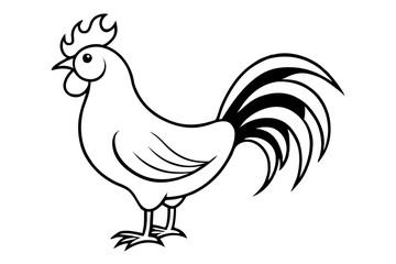 Proud Rooster with a Curved Tail - Vector Line Art for Coloring Page