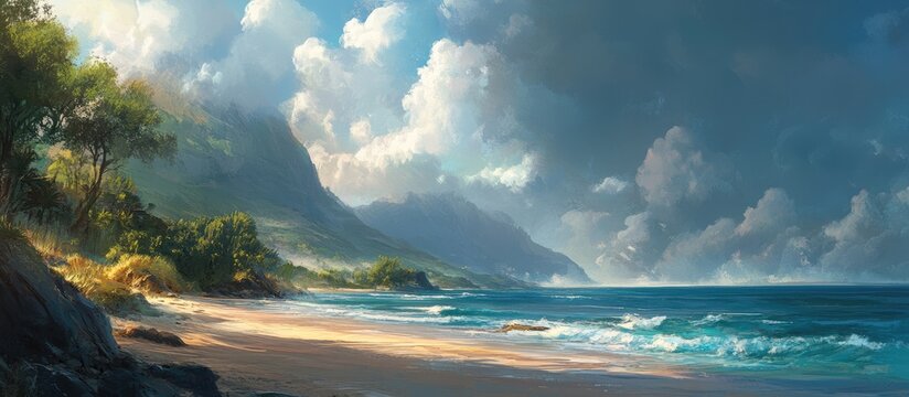 serene coastal landscape with mountains and dramatic skies capturing the essence of a tranquil beach scene