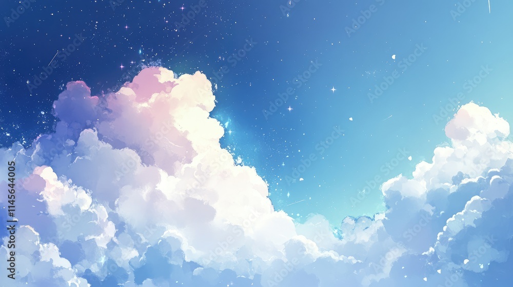 Poster serene cloudscape with dreamy pastel colors and sparkling stars under a tranquil evening sky backdro