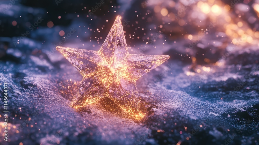 Poster glowing star on frosty ground with sparkling particles in a dreamy atmospheric setting