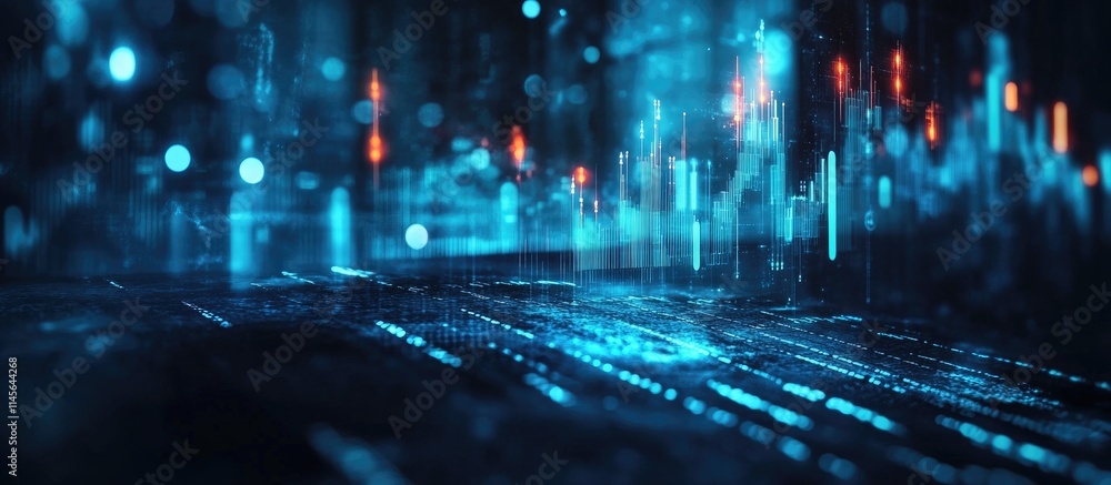 Poster digital landscape representing market growth with glowing bar graphs and data visualizations set aga