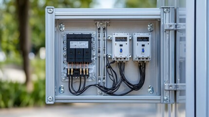 Open electrical panel with meters and wiring.