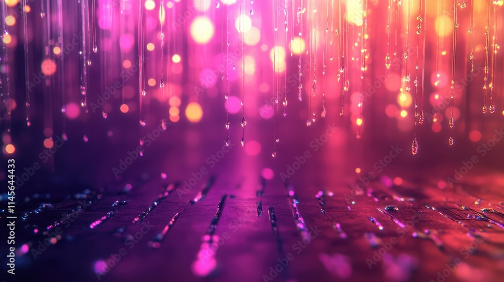 Poster colorful abstract background of illuminated water drops creating a dreamy effect with glimmering ref