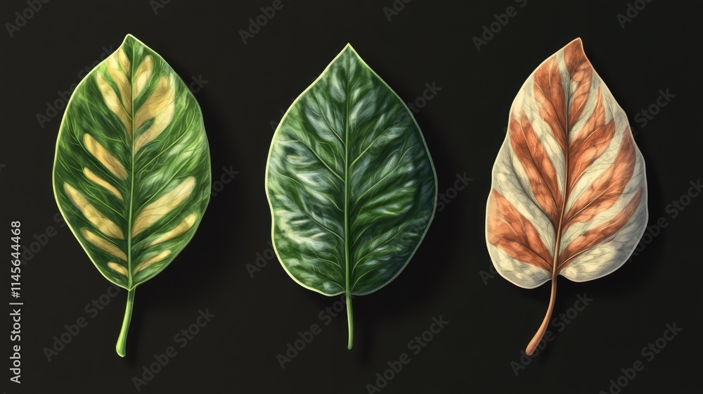 Poster realistic leaf samples showcasing diverse textures and colors on a dark background ideal for botanic