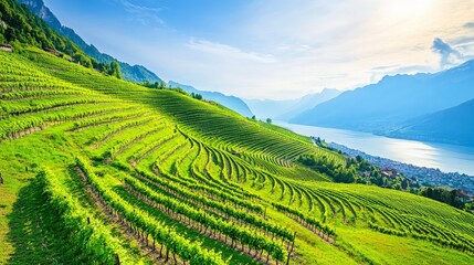 Fototapeta premium Terraced Vineyard on Hillside Overlooking Lake and Mountains