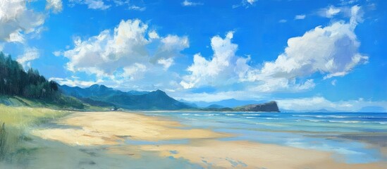 Serene coastal landscape with sandy beach vibrant blue skies and distant mountains creating a peaceful natural retreat scene