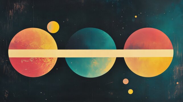 Abstract trichromatic color system with vibrant circles and cosmic elements illustrating color theory principles and artistic design concepts