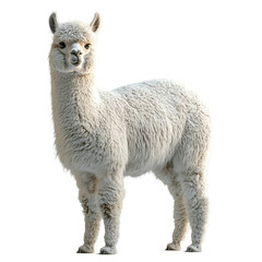 Angled view full body shot of an extremely perfect looking single Alpaca animal isolated on a white transparent background