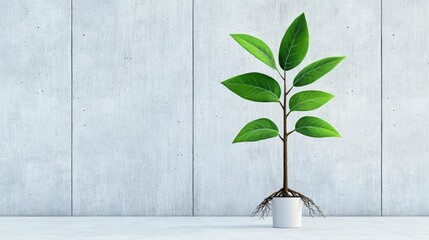 A small green plant with vibrant leaves in a modern pot against a concrete wall.