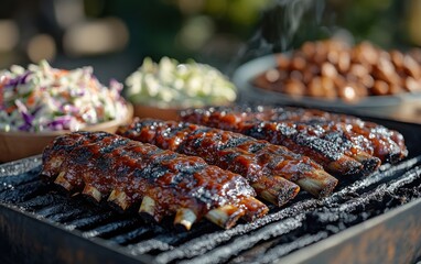 Three Racks of Freshly Cooked BBQ Ribs on an Outdoor Grill, Vibrant Colors, Natural Lighting, Casual Summer Atmosphere for Food Photography or Advertising