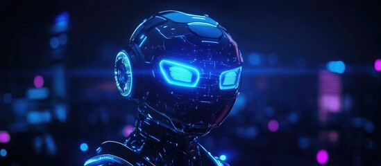 Obraz premium Futuristic AI chatbot with glowing features representing generative intelligence in software development within a modern office environment