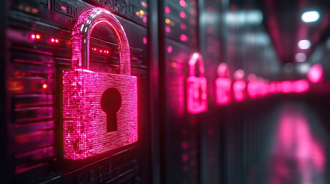A lock in a server with neon lights represents information technology safety, data protection, and cybersecurity.