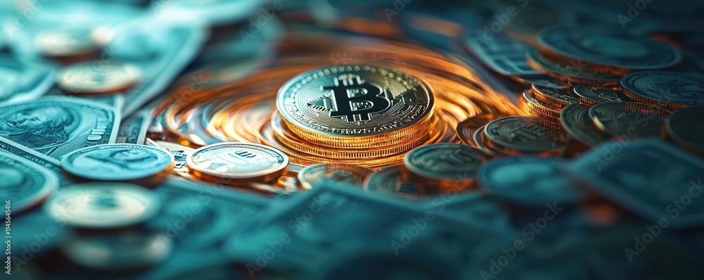 Poster capital cost idea. a close-up of a bitcoin coin surrounded by various currency coins in a digital sp