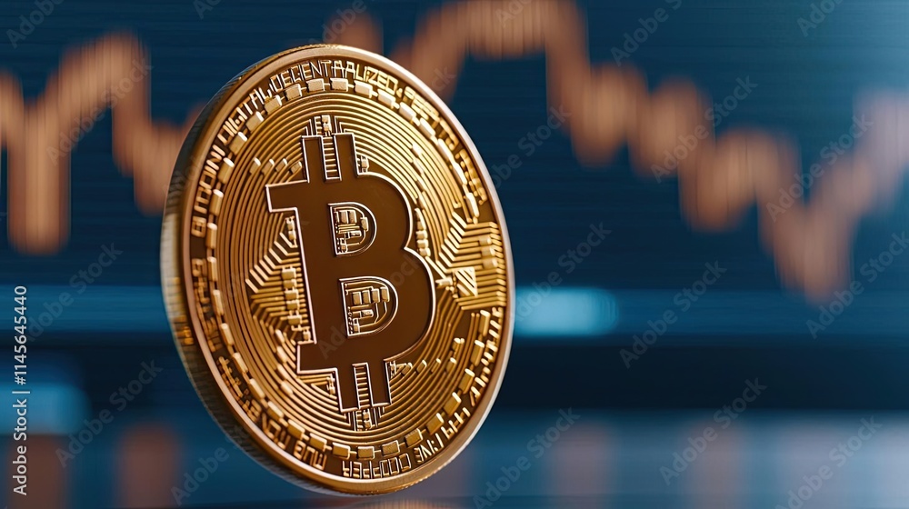 Poster capital cost idea. golden bitcoin coin with fluctuating chart background representing cryptocurrency