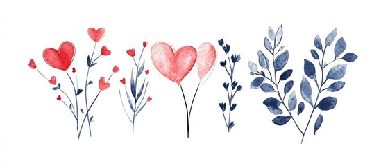 Whimsical watercolor floral elements featuring hearts and leaves perfect for handmade wedding card designs on a clean white background