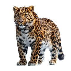Obraz premium Angled view full body shot of an extremely perfect looking single Amur Leopard animal isolated on a white transparent background
