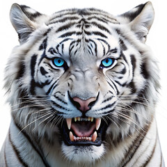 Fototapeta premium White Tiger Blue Eye roaring isolated on white background as transparent. PNG. AI GENERATED