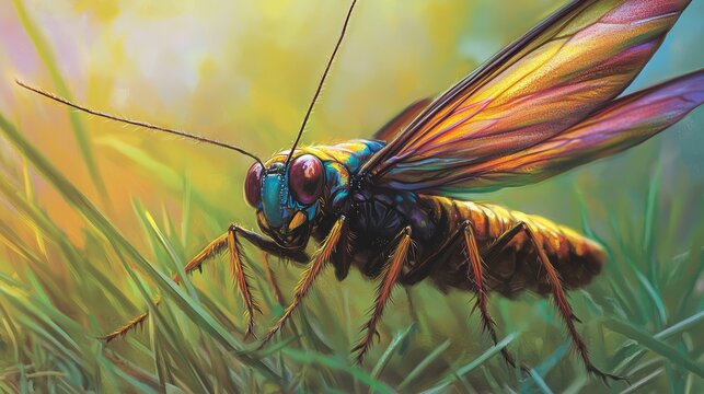 Colorful Raphidioptera insect perched on lush green grass with a vibrant background showcasing natural beauty and intricate details