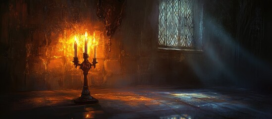 Fototapeta premium Candlelit ambiance in a dim room highlighting the interplay of light and shadows with a vintage candelabra as a focal point