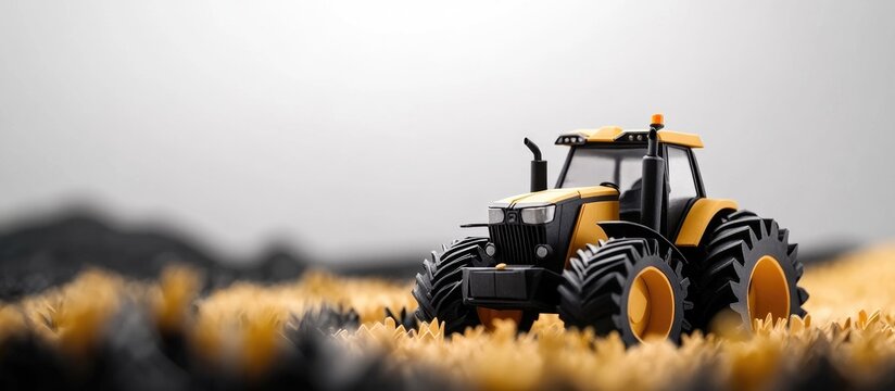 Paper origami tractor model on textured field background representing agriculture equipment and rural lifestyle with space for design.