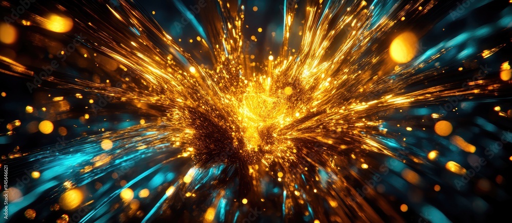 Poster Dynamic abstract composition with explosive light streaks in blue and gold showcasing vibrant color interplay and artistic light dynamics.