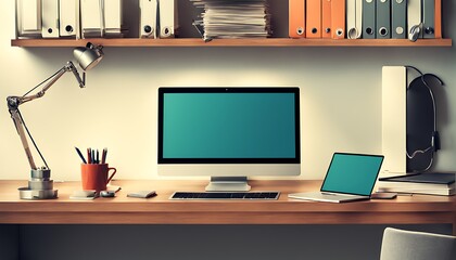 office desk with a computer and notebook