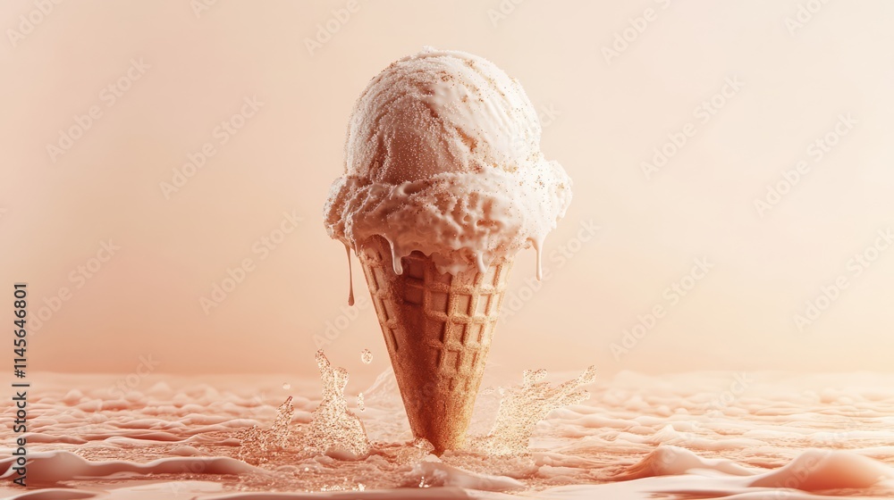 Aufkleber cinnamon ice cream cone with melting scoop surrounded by splashes on a smooth pastel background. per