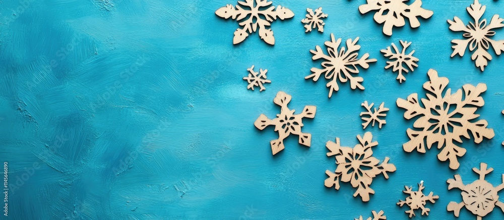 Poster wooden snowflakes arranged on a blue background creating a festive winter design with empty space fo