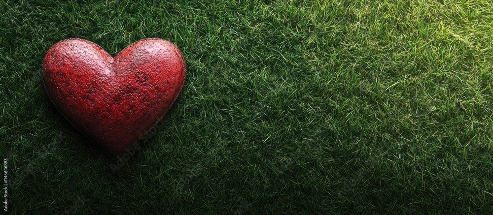 Poster red decorative heart on lush green grass with blank space for your text or message design concept
