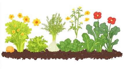 Vibrant organic vegetable garden with diverse greens and colorful blooms showcasing healthy gardening practices and natural growth.