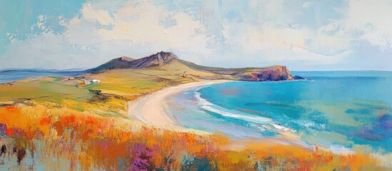 Vibrant Rhossili Panorama showcasing late summer hues over coastline and rolling hills with clear blue waters and lush greenery.
