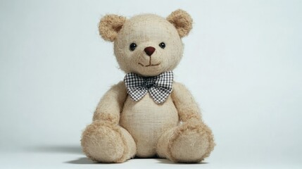 A charming teddy bear doll with light beige fur and a checkered bow, seated cross-legged. Its friendly expression stands out vividly against the plain white backdrop, evoking a sense of comfort.
