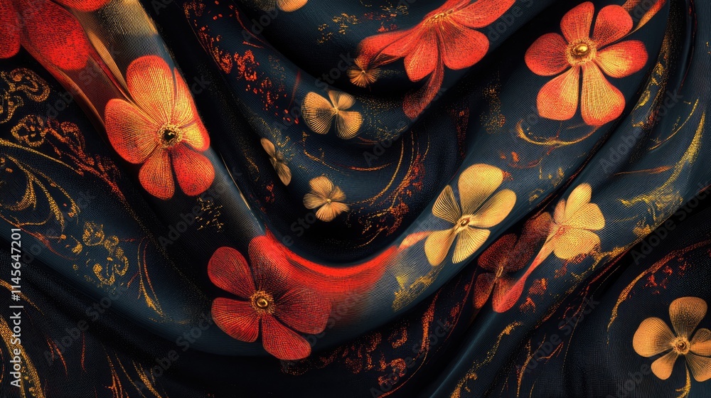 Poster elegant floral fabric pattern in rich colors draped over a smooth black background showcasing intric