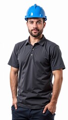 Young construction specialist in black polo shirt and blue hardhat on white background