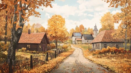 Autumn village landscape with vibrant foliage and charming cottages along a winding path in a serene countryside setting