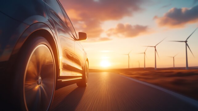 Renewable energy Car driving at sunset with wind turbines ahead - Powered by Adobe