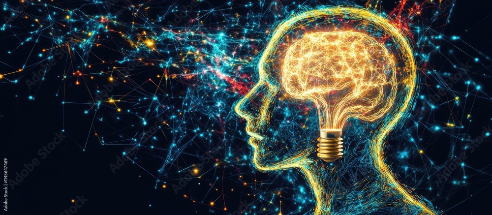 Poster conceptual illustration of digital marketing technology featuring a brain integrated with networking