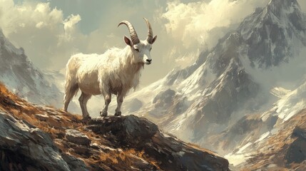 Fototapeta premium majestic mountain goat standing on rocky terrain with snow-capped peaks in the background showcasing natural wilderness and rugged beauty