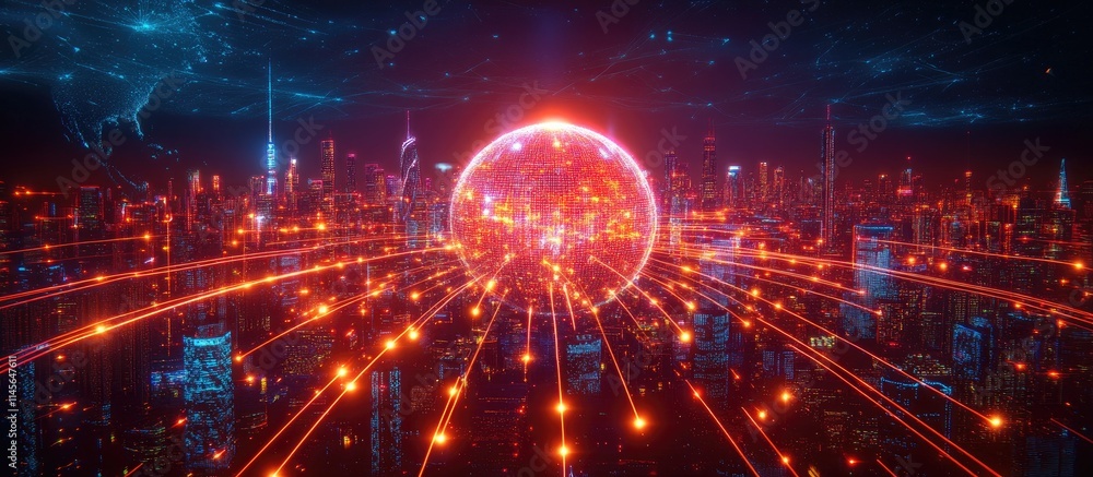Poster global digital network illustration showcasing communication technology and artificial intelligence 