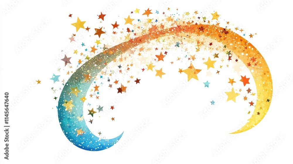 Poster moon and colorful stars creating a whimsical design on a clean white background for a dreamy and enc