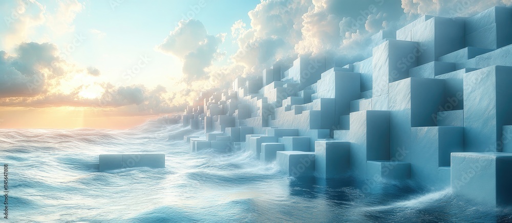 Poster abstract cube design landscape with ocean waves and dramatic clouds at sunset for creative backdrop 