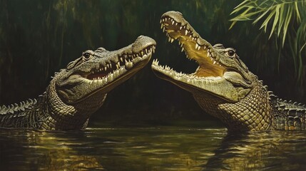 Obraz premium Crocodiles in Natural Habitat Displaying Aggressive Behavior in Serene Water Setting
