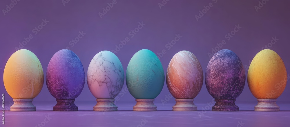 Poster colorful easter eggs arranged in a row on elegant stands with a soft purple gradient backdrop creati