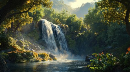 Tranquil natural waterfall cascading through lush greenery in a vibrant forest landscape during daylight.