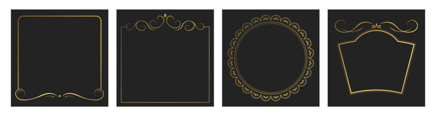 Set of decorative vintage frame or border with copy space. Templates for covers, invitations, menu and your design. Gold vector layouts on black backgrounds