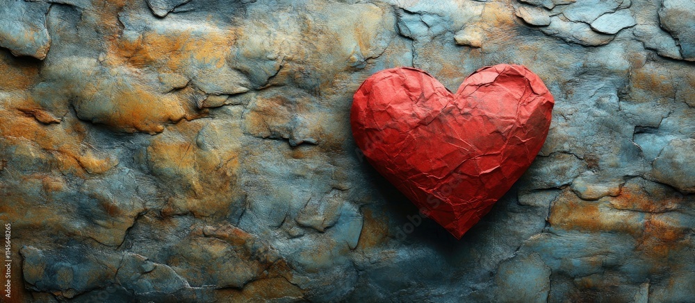 Poster textured backdrop with a minimalist red paper heart symbolizing love and affection in a simple and e